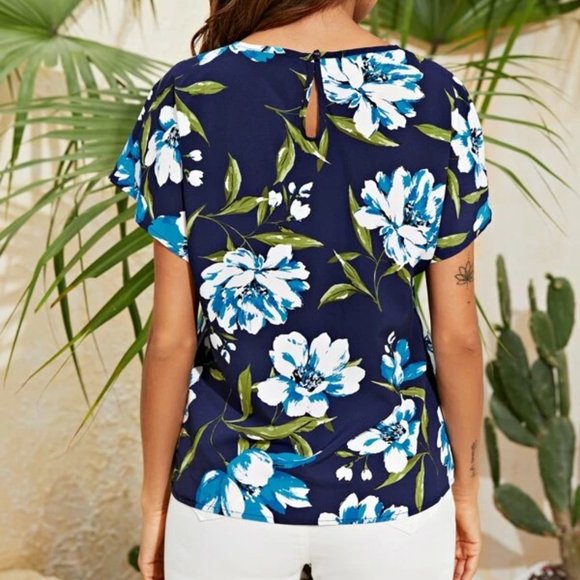 Navy Blue Batwing Sleeve Floral Top in XS, S, M, L - Picture 2 of 4